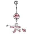 Pink crystal gun belly button ring with curved barbell stainless steel piercing - Light Pink