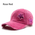 Washed vintage rose red denim baseball hat featuring sequined star patches - Rose Red