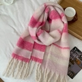 Pink and white striped winter scarf with fringe detail on soft fabric background - Rose Red