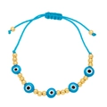 Bohemian Blue Evil Eye Braided Bracelet with Gold Beads and Adjustable Cord - Light Blue