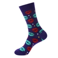 Purple mid-calf cotton socks featuring red lip prints and small white heart details - One Size / Purple Kiss Mark Heart (1026)