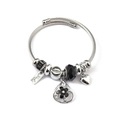 Silver steel wire charm bracelet with black crystal beads and handmade heart pendant - Waterdrop Hollow Flower (C2-005) / Black