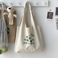 Cremefarbene Canvas-Einkaufstasche mit grünem botanischem Blumendruck und Riemen - Kleine Blume