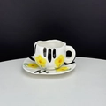 Irregular ceramic coffee cup and saucer set with yellow flowers and black stripes - Black Stripe Yellow Flower Cup & Saucer