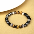 Tiger eye and hematite stone energy bracelet with silver metal spacers for men and women - 19cm/8mm Bead Diameter / Yellow Tiger Eye