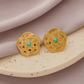 Vintage round turquoise and gold stainless steel flower texture stud earrings - Gold + Turquoise