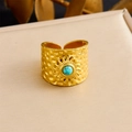 Vintage 18k gold plated stainless steel ring with turquoise sunburst and hammered texture - Wide Hammered Turquoise Style (R502) / Adjustable Open