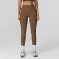 Leggings de yoga sin costuras de cintura alta para mujer en marrón café con pretina - S / Marrón Cacao