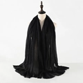 Lightweight black pleated cotton linen scarf for women with fringe details on white model - Black