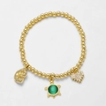Goldenes Perlenarmband mit grünem Opal-Schildkröte, Zirkonherz und Muschel-Anhängern - Grüner Schildkrötenanhänger / Grün