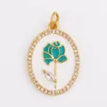 Oval gold-plated copper pendant with turquoise rose, white enamel and small zircons - Gold Oval Zirconia Inlaid Blue Rose