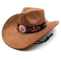 Chapeau de cowboy marron en daim avec bandeau brodé bohème et boucle ornée de pierres - M (56-58cm) / Kaki