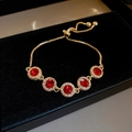 Vintage gold-plated bracelet featuring five red crystals and adjustable slider clasp - 74# Five-Star Round Rhinestone Adjustable Style / Gold-Red