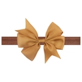 Detail of light brown grosgrain ribbon bow on a dark brown elastic baby headband - Light Coffee