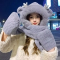 Thick grey faux fur 3-in-1 hoodie scarf with gloves featuring cute reindeer antlers - Embossed 3-piece Set / Gray