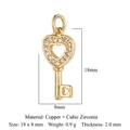 Golden heart key pendant charm in copper and cubic zirconia with 18x8mm size details - 18x8mm Heart Key / Gold