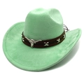 Detail of mint green suede cowboy hat featuring bull head metal buckle and stud leather band - M (56-58cm) / Fruit Green