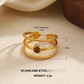 18k gold plated stainless steel triple band ring with round tiger eye stone inlay - Triple Track Dark Brown Gemstone Style (1220)
