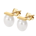 Elegant S925 silver stud earrings with white pearls in a golden geometric design - GPE40-14k Gold Bar Teardrop Pearl Studs / Gold
