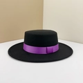 Detail of classic black wool felt bolero hat with a glossy purple decorative ribbon - M (56-58cm) / Black (Purple Ribbon)