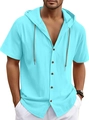 Men's solid bright blue linen-like short sleeve hooded shirt with wooden buttons - Sky Blue