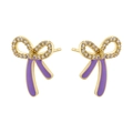 Elegant gold bow earrings with purple enamel and white zircon accents on white background - 1 Pair / Purple