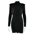 Elegante abito a tubino nero con collo alto, maniche lunghe e dettagli drappeggiati - S / Standard / Nero