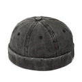 Washed black denim docker hat with vintage brimless design and metal eyelets - Adjustable / Black