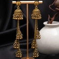 Vintage Jhumka drop earrings with gold tassels and engraved flower details on black velvet - S4139-1 Antique Gold