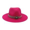 Chapeau fedora en paille magenta avec ruban ethnique et décoration en turquoise - Chapeau de Paille Rose Vif (Pierre Bleue Ovale)