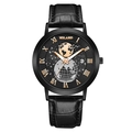 Men fashion watch with black leather strap featuring earth pattern dial and rose gold accents - Black Dial Black Case Black Strap