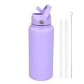 Purple insulated sports water bottle with straw lid, extra straws, and cleaning brush - 1L / Taro Purple