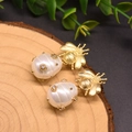 Baroque natural pearl bee earrings with gold finish and rhinestone accents for women - Bee Shell Pearl