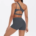 Dark gray one-shoulder yoga set with cutout back bra and high-waisted gym shorts - S / Graphite Grey