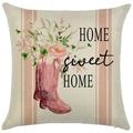 Linen square pillowcase with pink rain boots floral pattern and Home Sweet Home text - 18x18 Inch / Home Sweet Home Pink Rain Boots (LYD398-2)