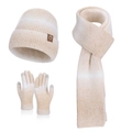 3-piece winter knit set with cream gradient beanie, scarf, and touchscreen gloves - Three-Piece Set / Beige