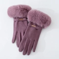 Lilac winter gloves for women with faux fur trim and gold metal logo buckle detail - One Size / Purple