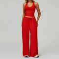 Women's red two-piece yoga set with a halter top and high-waist wide-leg pants - Vest+Pants-Red