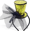 Halloween witch headband featuring a yellow sequin mini hat with black rose and mesh veil - Gold Ribbon Mesh Bowknot