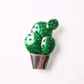 Green enamel cactus brooch with silver flower pot in a bright gold-tone finish - Cactus