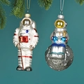 Silver astronaut Christmas ornaments set featuring a spaceman on planet and flag - Astronaut Set (2pcs)