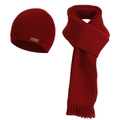 Winter knitted beanie and scarf set in deep red color with stylish leather patch - Wine Red (2-Piece Set)