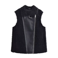 Women's black faux fur and leather patchwork vest with lapel and zipper closure - XS / Black