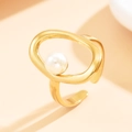 Minimalist open gold ring with geometric hollow design and a lustrous white pearl accent - Gold + Artificial Pearl