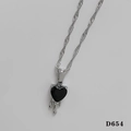 Silver twisted chain necklace with black heart pendant featuring melting drip design - Silver Necklace + Black Zircon (D654)