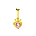 Makroaufnahme Bauchnabelpiercing Krone Gold mit rosa Herz-Edelstein und Kristallen - Goldenes Herz Rosa Edelstein (24022905-2)