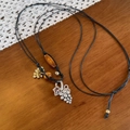 Bohemian grape pendant necklace with sparkling crystals and wooden beads on black cord - Necklace-Black-Gold-Silver