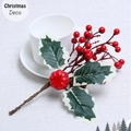 Artificial red holly berry branch with glossy berries and variegated green leaves - Style F