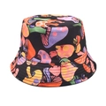 Detailed view of colorful mushroom print on high-quality black fabric bucket hat - Black / M (56-58cm)