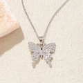 Silver butterfly necklace with crystal pavé and center opal on a textured stone base - BXL0256-21 Silver Full Diamond Butterfly